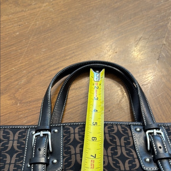 Fossil Brown Monogram Canvas & Black Leather Tote Bag Satchel w/ Stitch Detail - Picture 12 of 13